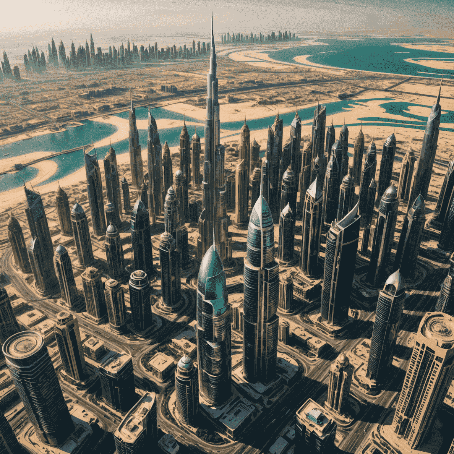 A stunning aerial view of Dubai's skyline featuring the new architectural marvel, a twisting skyscraper with a golden facade that reflects the sunlight, standing out among other iconic buildings