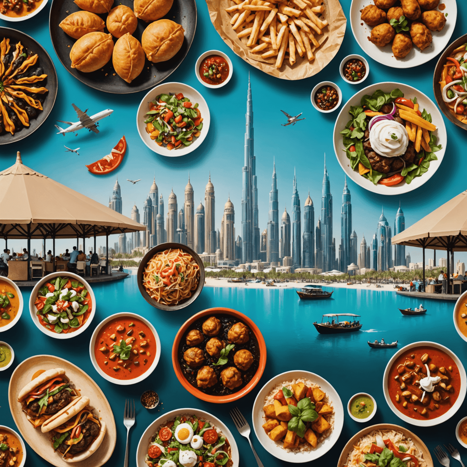A vibrant collage of Dubai's diverse culinary offerings, showcasing street food stalls, high-end restaurants, and iconic Dubai skyline in the background