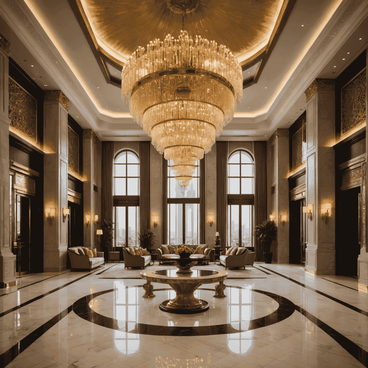 Luxurious Dubai hotel lobby with golden chandeliers, marble floors, and opulent furnishings