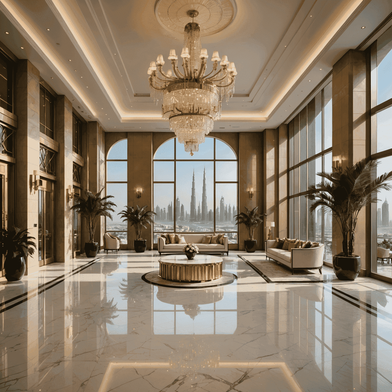 Luxurious hotel lobby with crystal chandeliers, marble floors, and gold accents. Palm trees visible through large windows with a view of Dubai skyline.