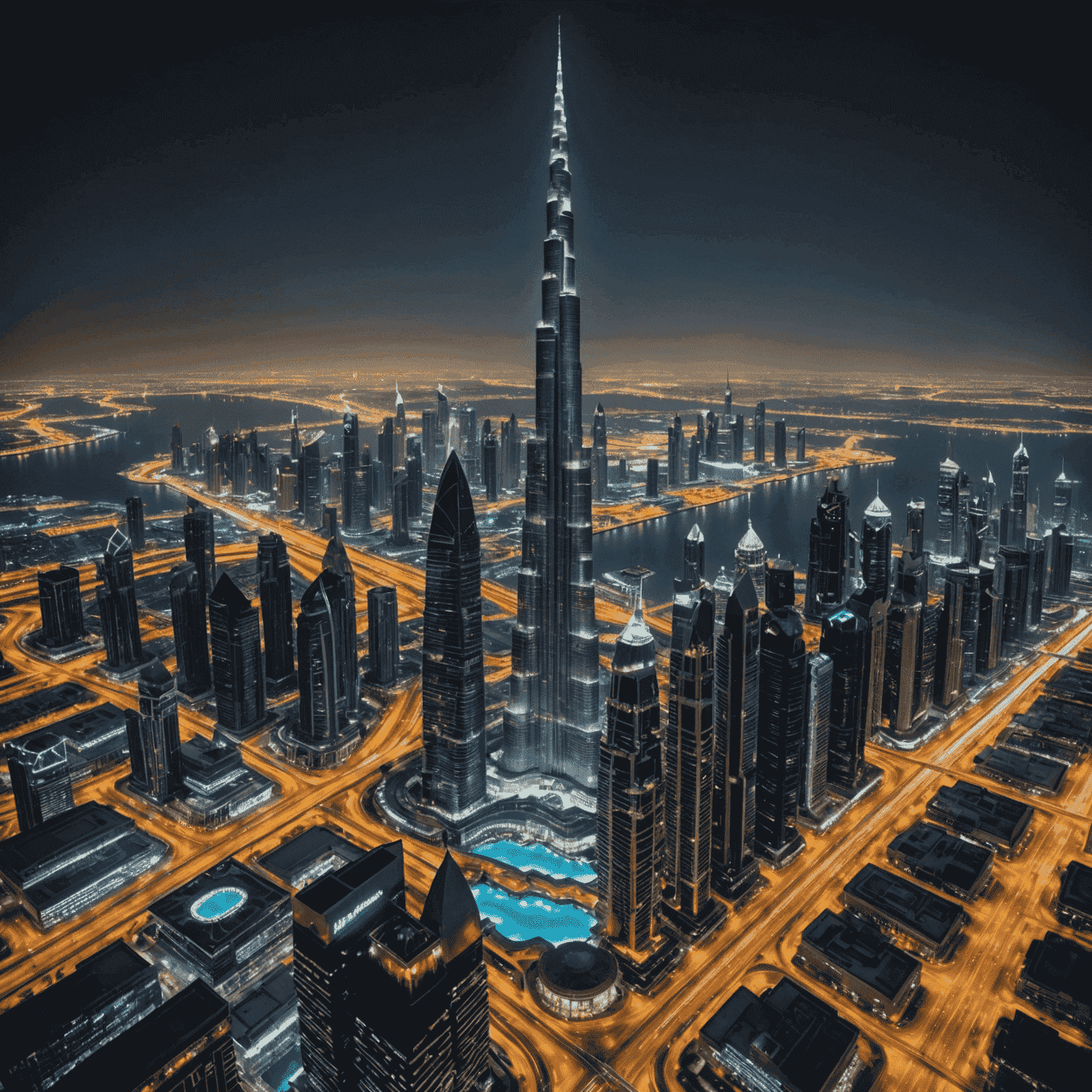 Burj Khalifa towering over Dubai skyline, with its sleek design and impressive height dominating the view. Surrounding skyscrapers and city lights create a stunning contrast.