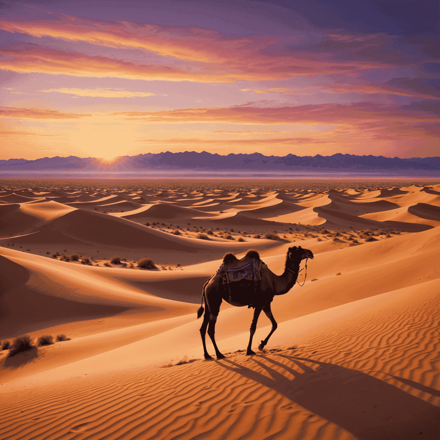 A vibrant illustration of a desert landscape at sunset, featuring golden sand dunes, a camel silhouette, and a colorful sky with shades of orange, pink, and purple