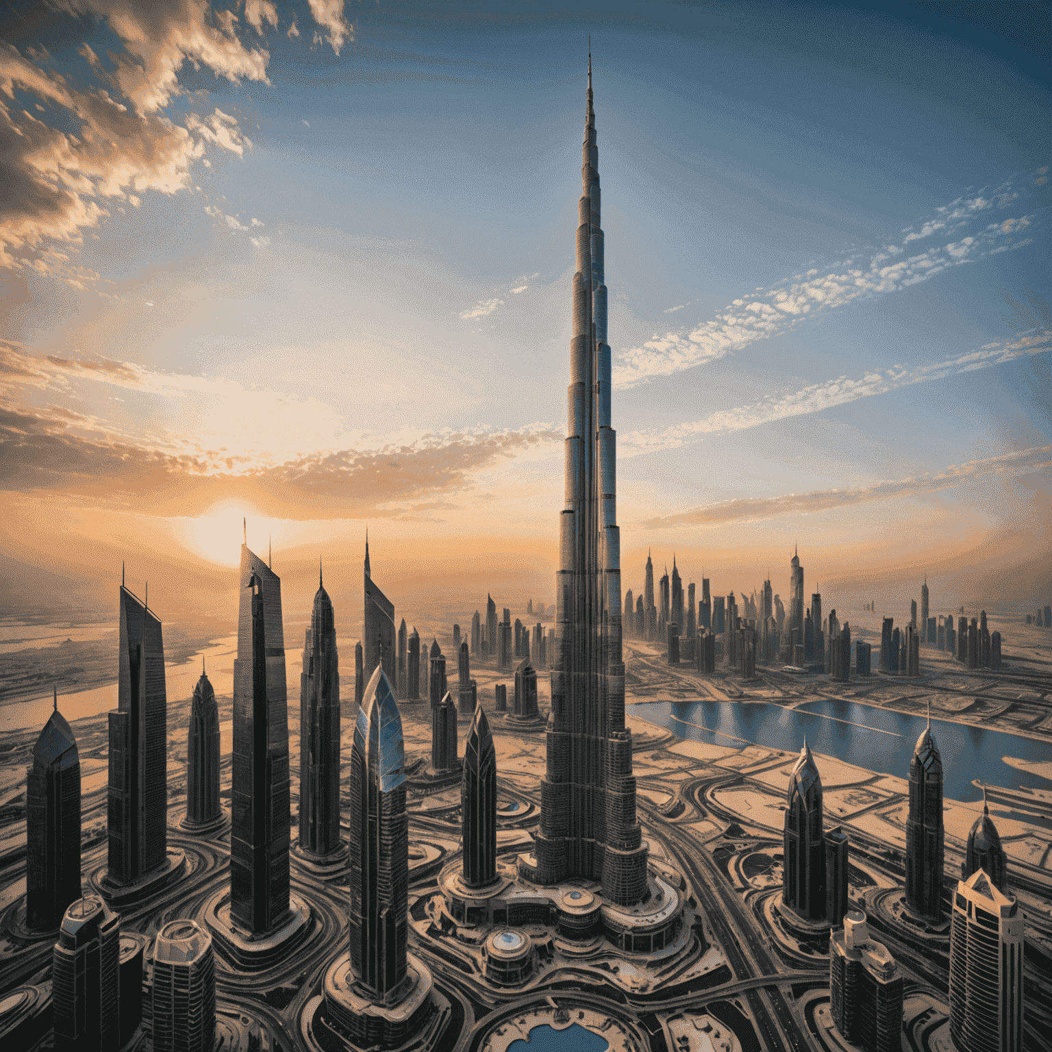 Burj Khalifa, the world's tallest building, with its sleek design piercing the Dubai skyline at sunset