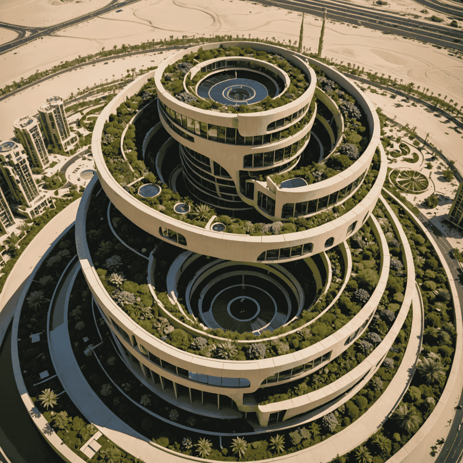 Close-up view of The Spiral Oasis, showcasing its unique spiral design with integrated vertical gardens and solar panels, against the backdrop of Dubai's desert landscape