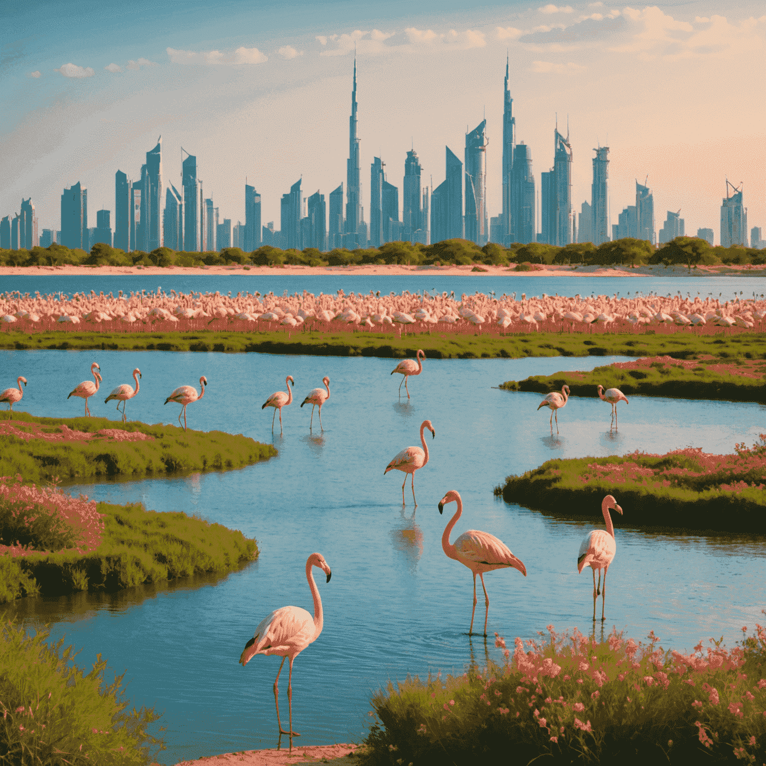 The serene Ras Al Khor Wildlife Sanctuary with flamingos in the foreground and Dubai skyline in the background