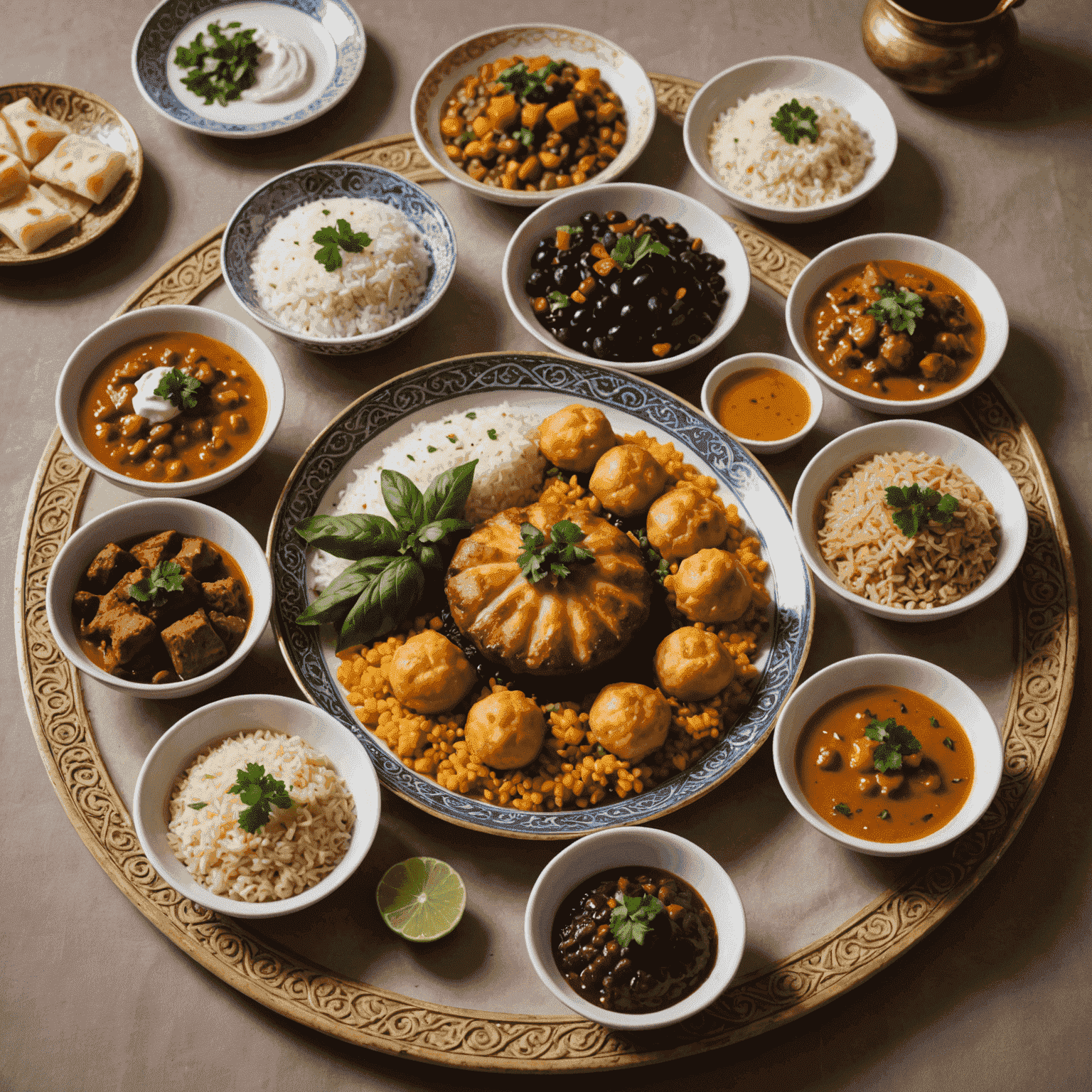A beautifully presented plate of traditional Emirati dishes including Al Harees, Machbous, and Luqaimat