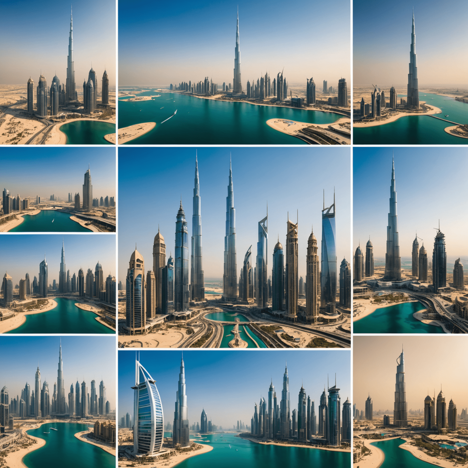 Collage of Dubai's famous landmarks including Burj Khalifa, Palm Jumeirah, and Dubai Frame