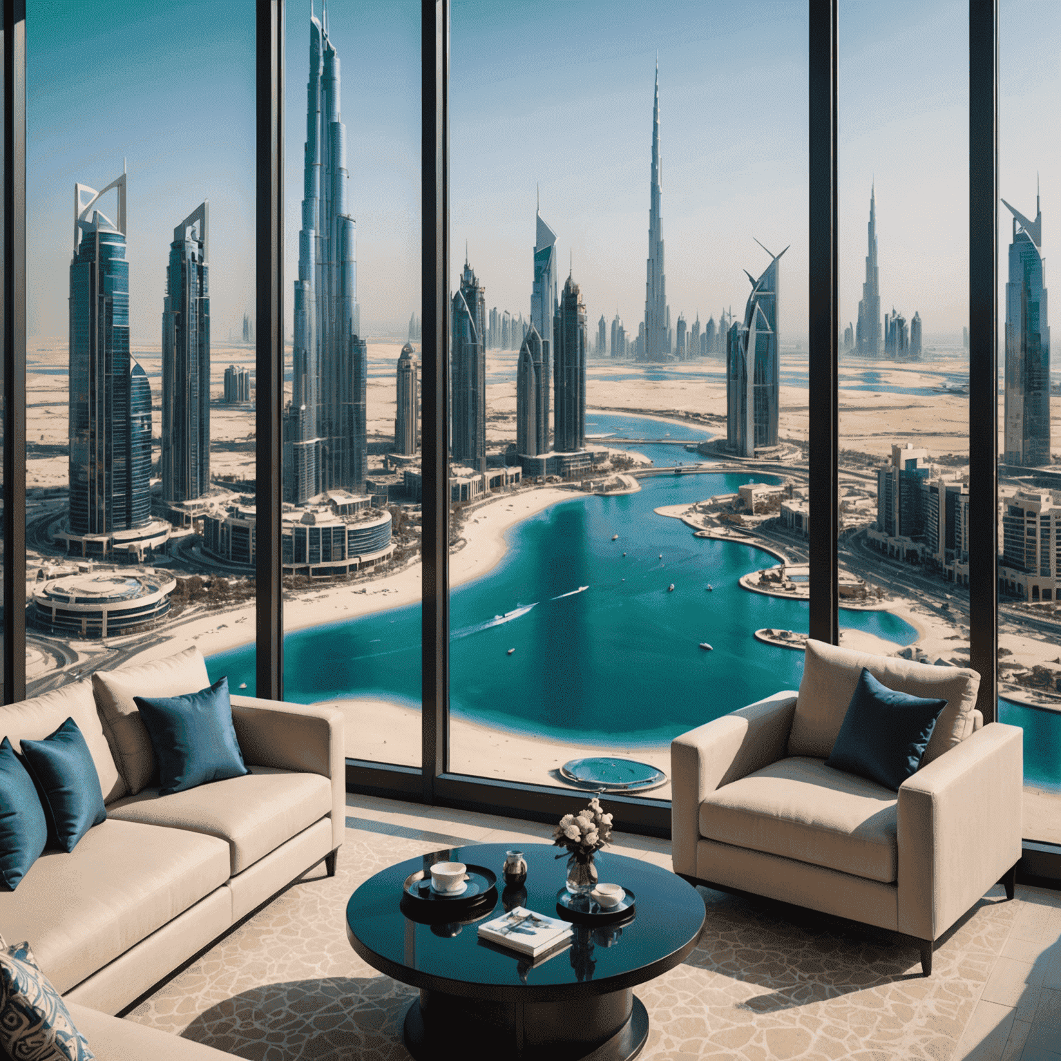 Panoramic view of Dubai skyline from a luxurious hotel room. Floor-to-ceiling windows, modern furnishings, and a private balcony with infinity pool.