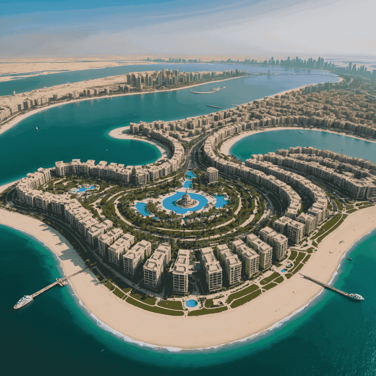 Aerial view of Palm Jumeirah, showcasing its iconic palm tree shape extending into the Persian Gulf. Luxury villas, hotels, and pristine beaches line the fronds.