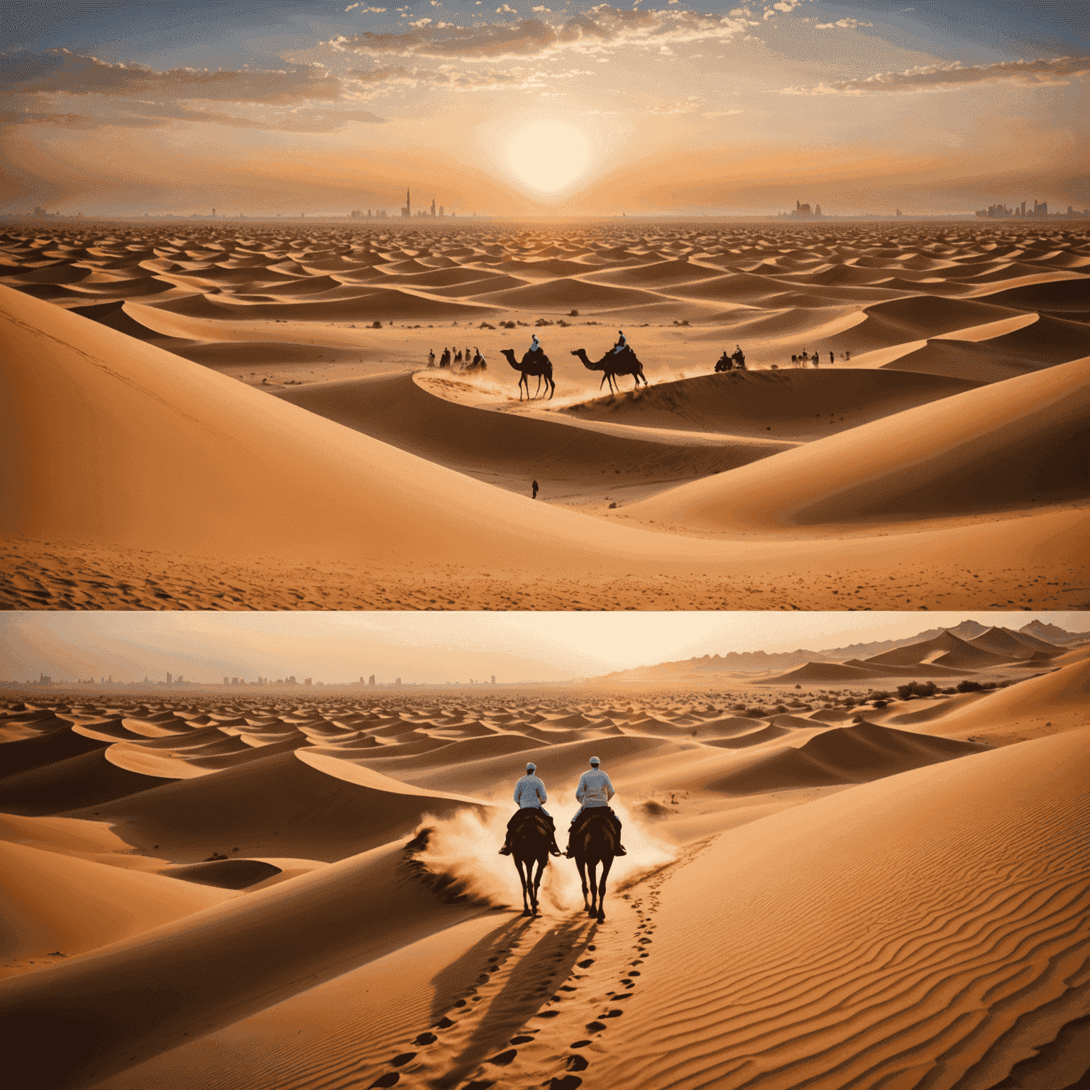 A collage of Dubai desert safari experiences, showing dune bashing, camel riding, and a beautiful sunset over the sand dunes