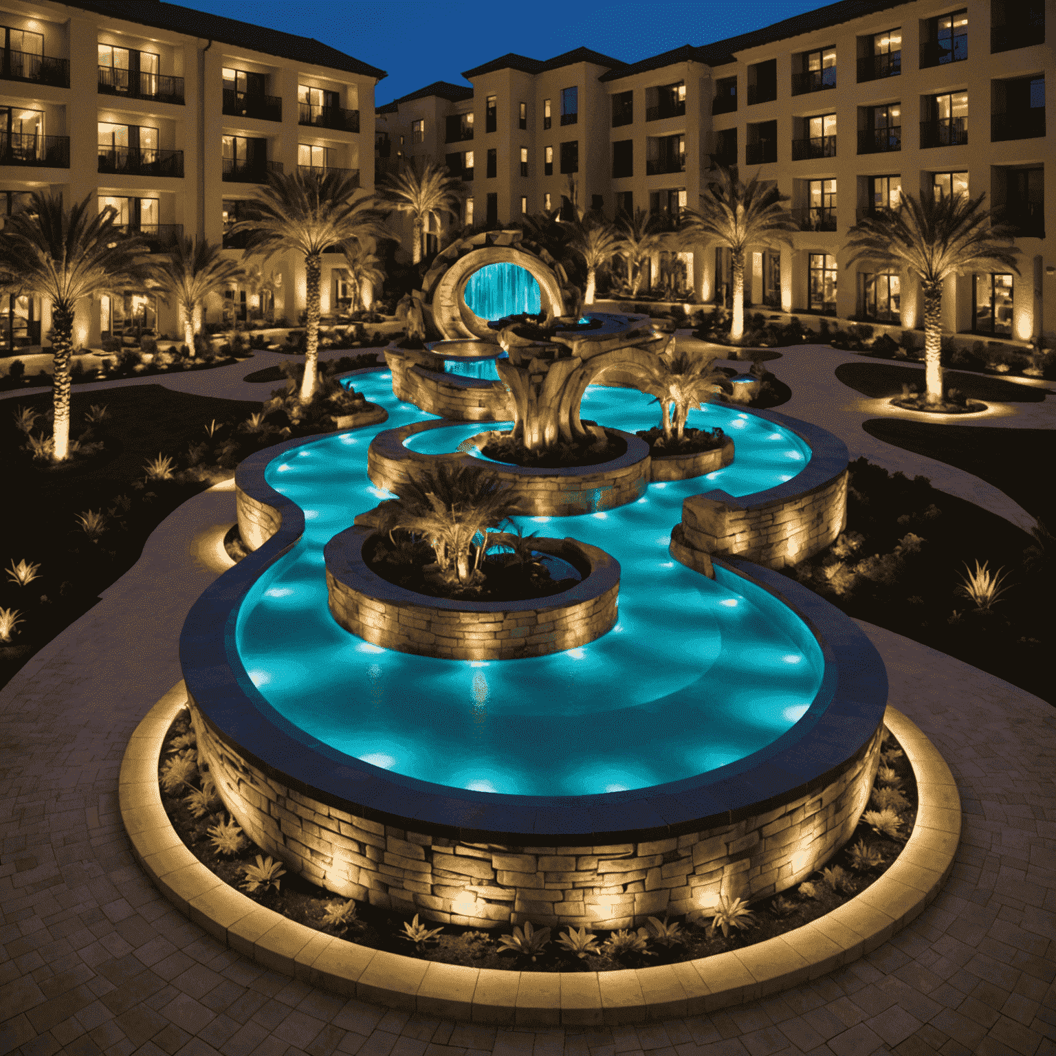 Night view of The Spiral Oasis illuminated with dynamic LED lighting, creating a mesmerizing display that changes colors and patterns, reflecting off nearby buildings and water features