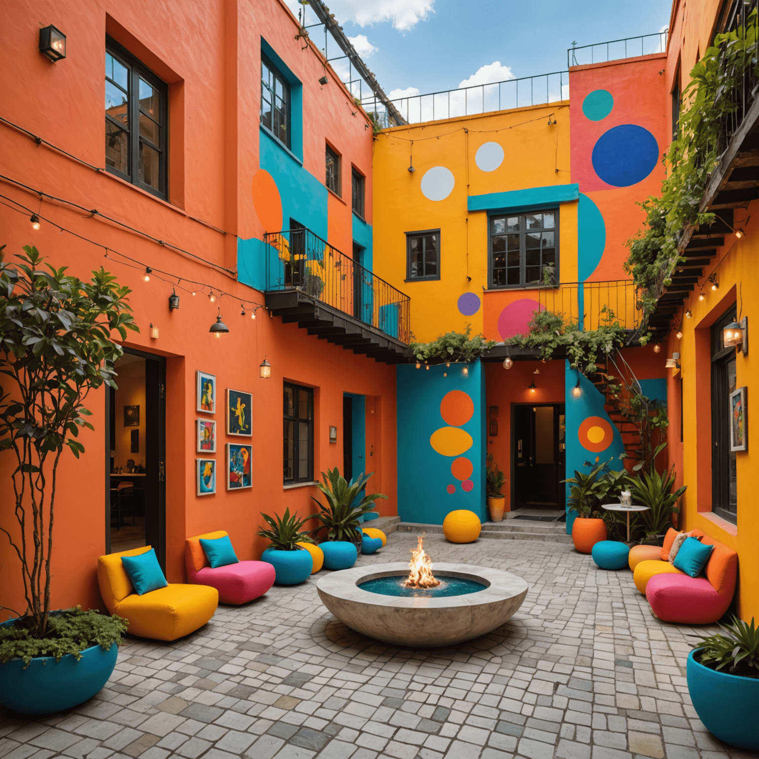 The colorful and quirky XVA Art Hotel courtyard with contemporary art installations