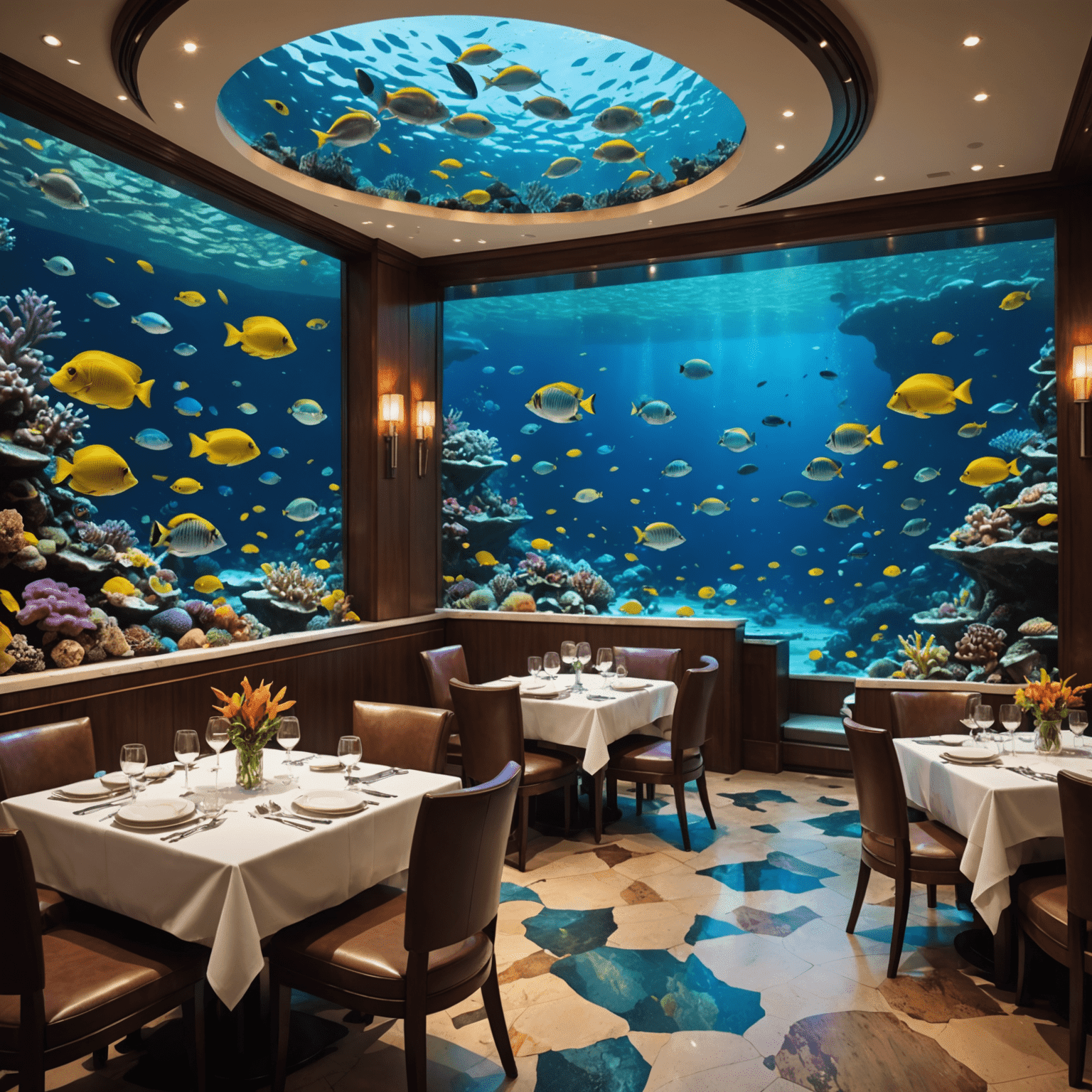 A luxurious dining setting at Ossiano restaurant with underwater views of colorful fish and marine life