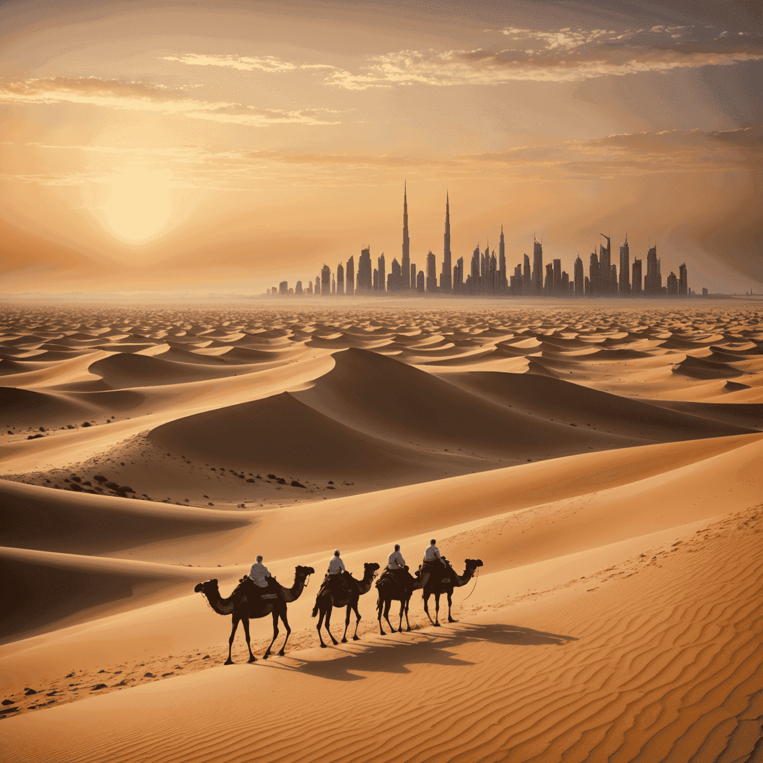 Panoramic view of Dubai desert with sand dunes, camels, and a beautiful sunset