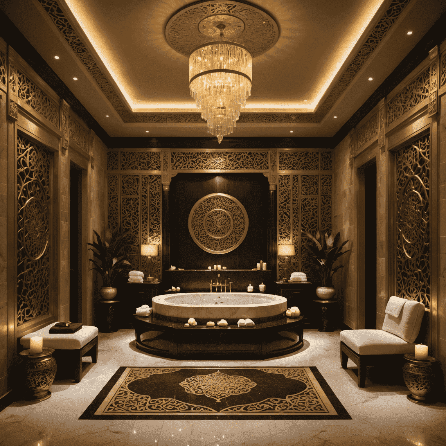Luxurious spa setting with ornate Arabic designs, dim lighting, and plush treatment beds. Gold and marble accents throughout.