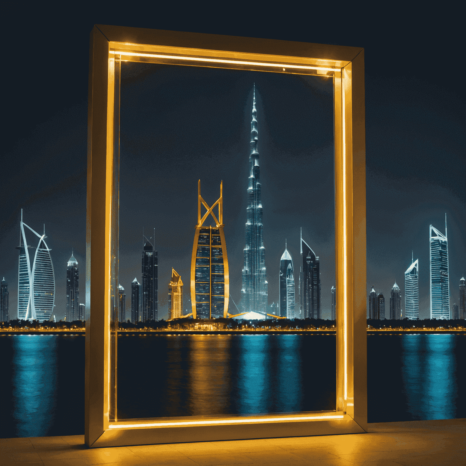 Dubai Frame illuminated at night, standing tall with its golden structure. The frame perfectly captures old Dubai on one side and the modern skyline on the other.