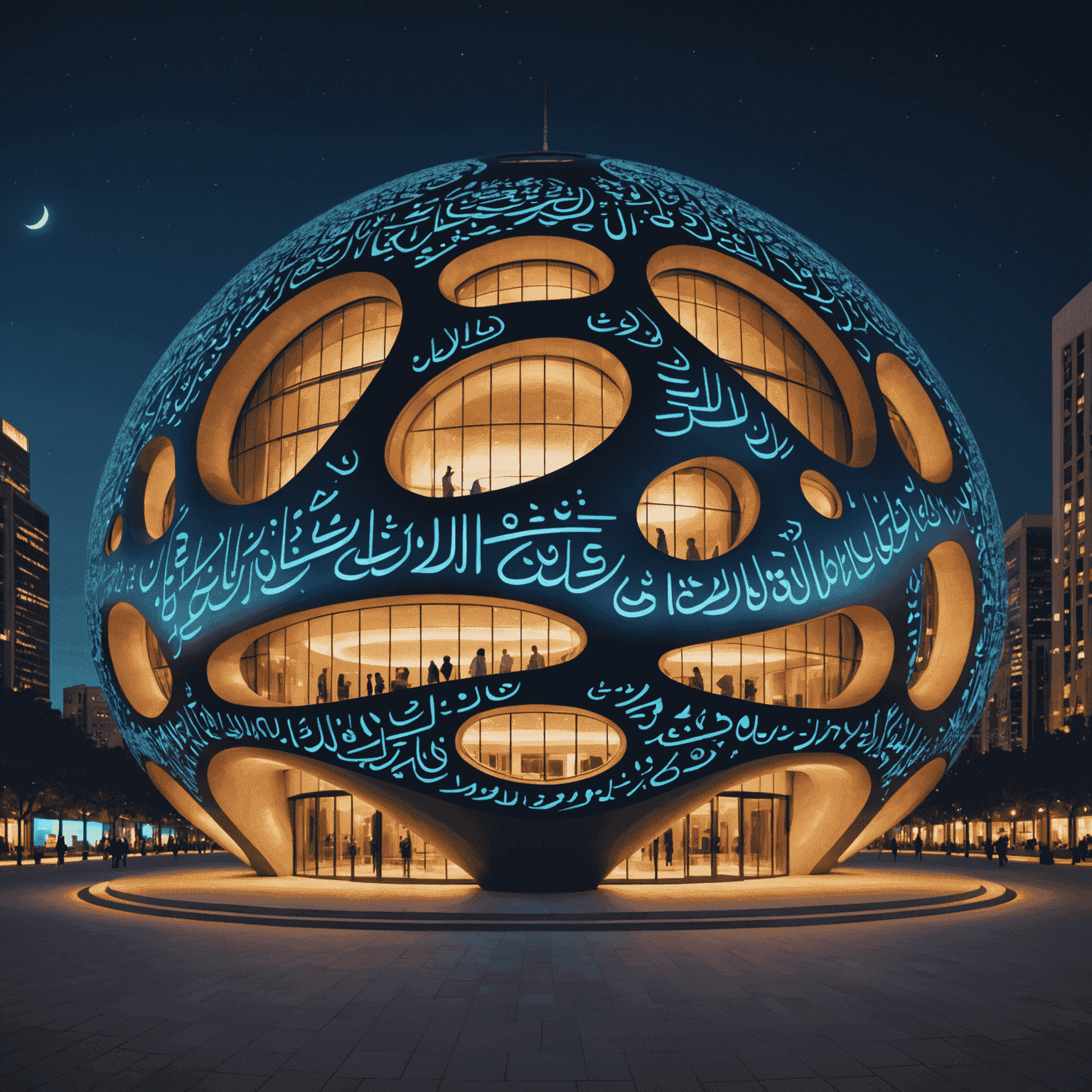 Museum of the Future, a torus-shaped building with Arabic calligraphy covering its exterior, glowing at night