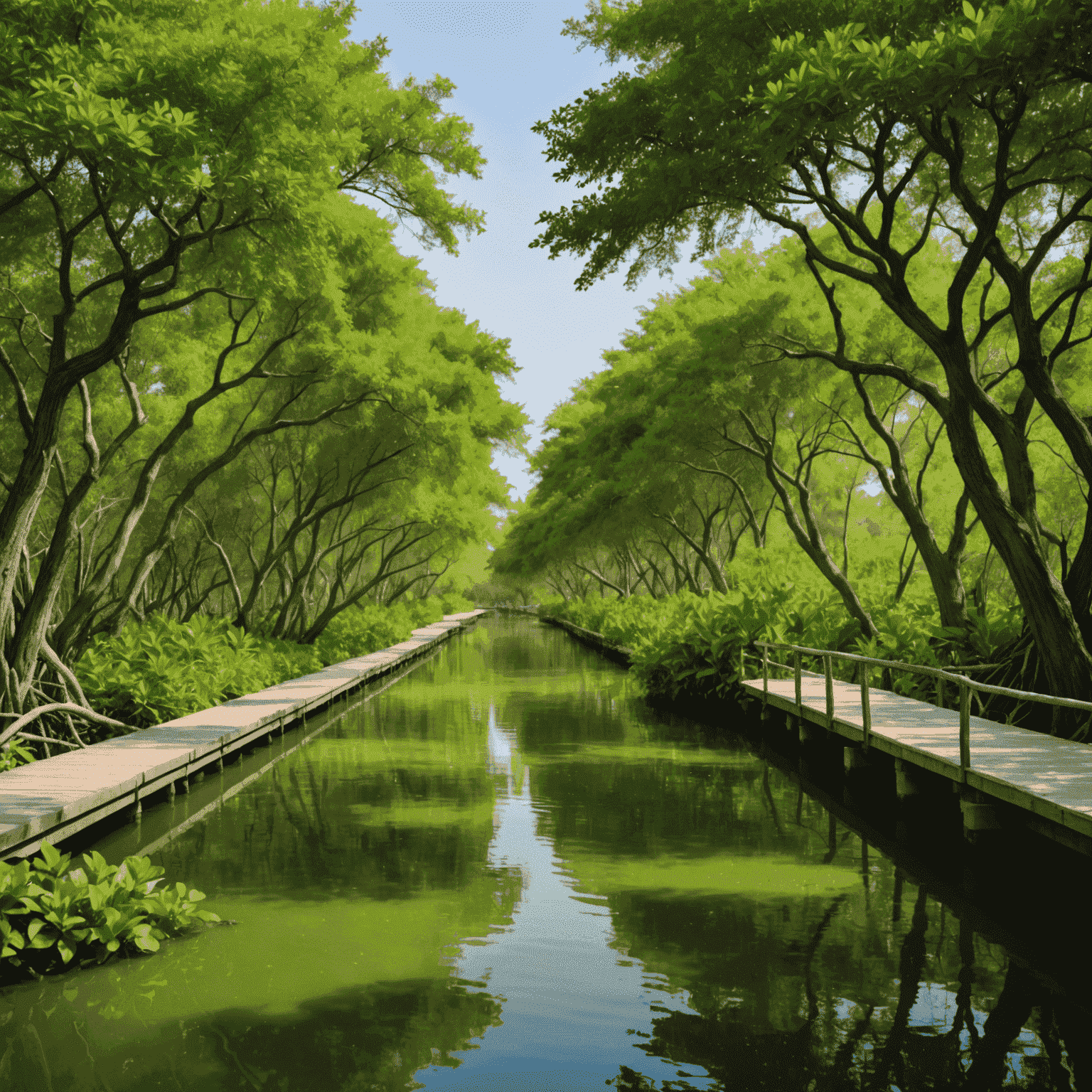 The lush green Ras Al Khor Sanctuary with mangrove forests and various bird species