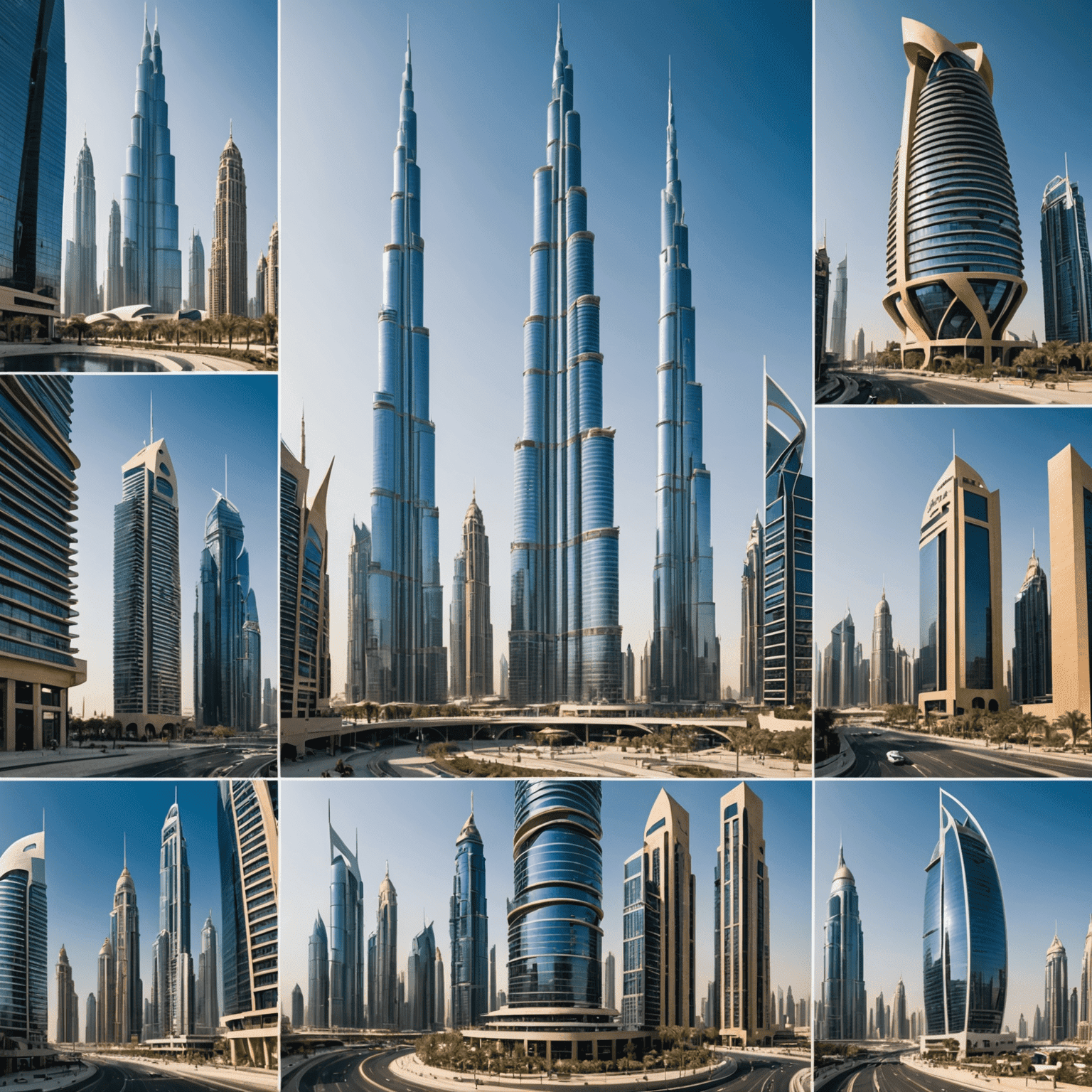 Collage of Dubai's modern architecture featuring twisted skyscrapers, innovative designs, and futuristic structures