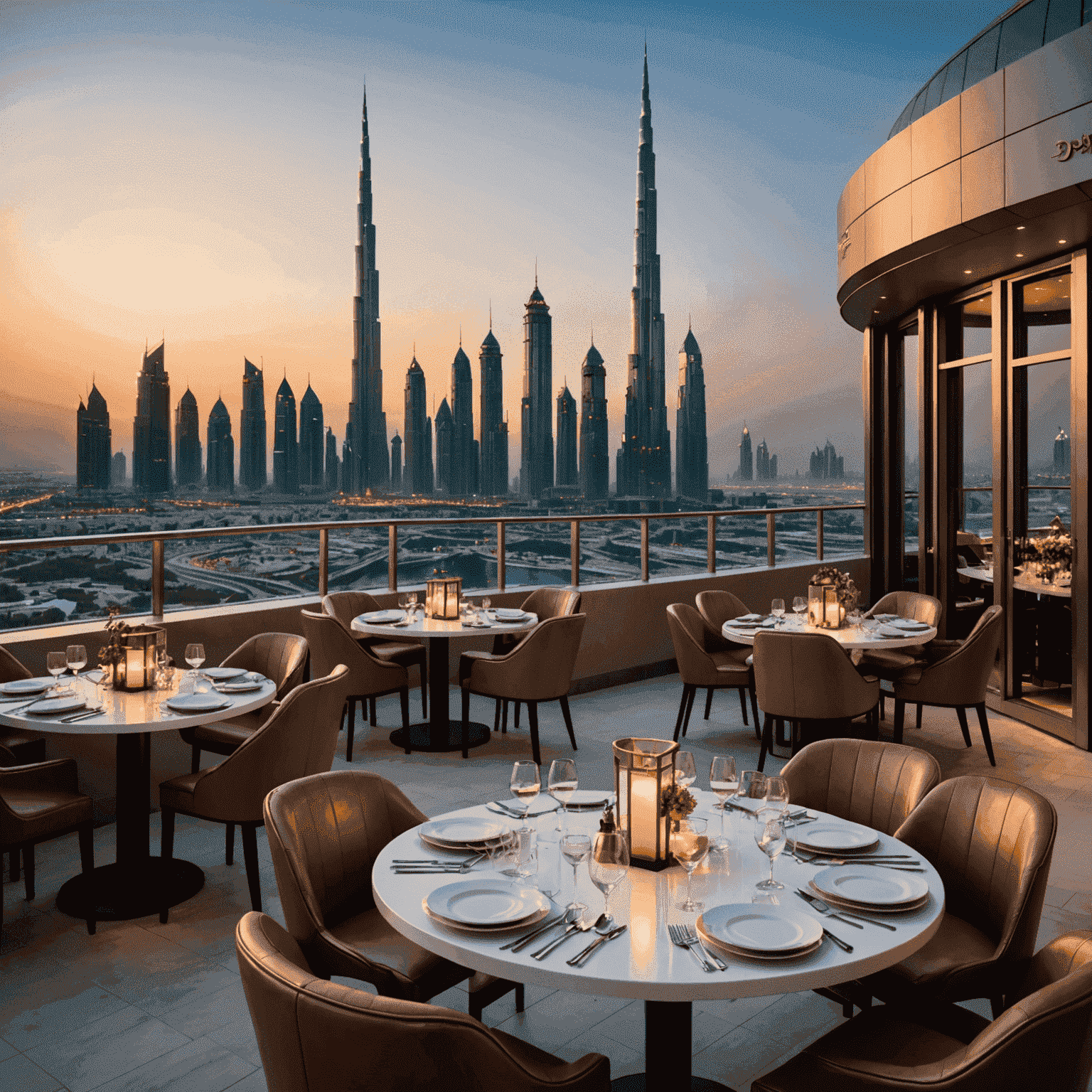 Elegant rooftop restaurant with Dubai skyline view. Modern decor, mood lighting, and beautifully plated gourmet dishes.