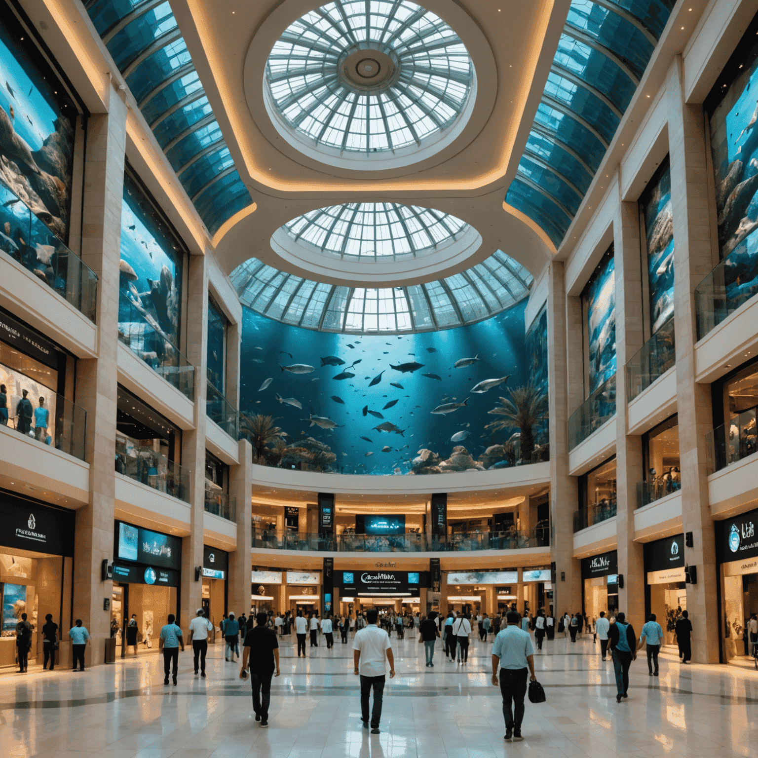 Interior view of Dubai Mall, showcasing its grand architecture, luxury brand stores, and the famous Dubai Aquarium visible through a massive glass panel.
