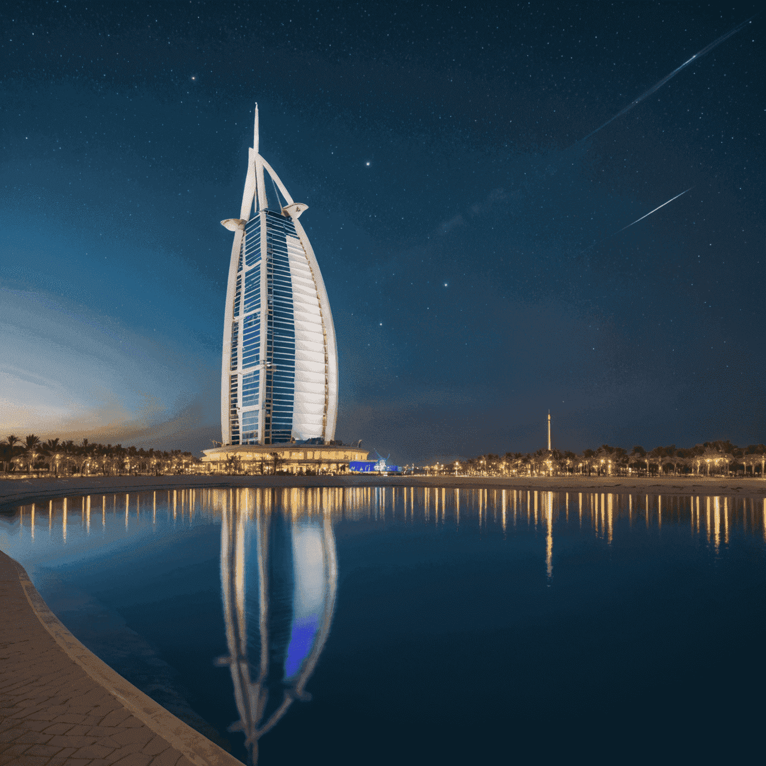 Burj Al Arab, the sail-shaped luxury hotel on its own artificial island, illuminated against the night sky