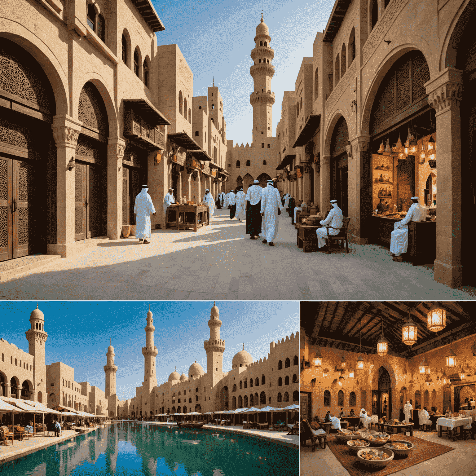 Montage of Dubai's cultural sites including traditional souks, historical buildings, and local artisans